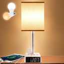 Yostyle Table Lamp Bedside Lamp with 4 USB Ports and AC Power Outlets, Alarm Clock Base w/ 5Ft Extension Cord, Square Oatmeal Fabric Lampshade Modern Accent Nightstand Lamps for Bedrooms Living Room