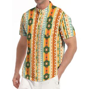Golf Shirts for Men Printed Henley Shirts Collarless Golf Polo Shirt Short Sleeve with Pocket (Yellow), XXL
