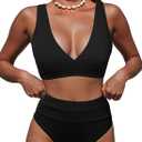 HILINKER High Waisted Bikini - Two Piece Swimsuit Tummy Control Bathing Suit Sexy V Neck Swimwear 2025 (L, All Black)