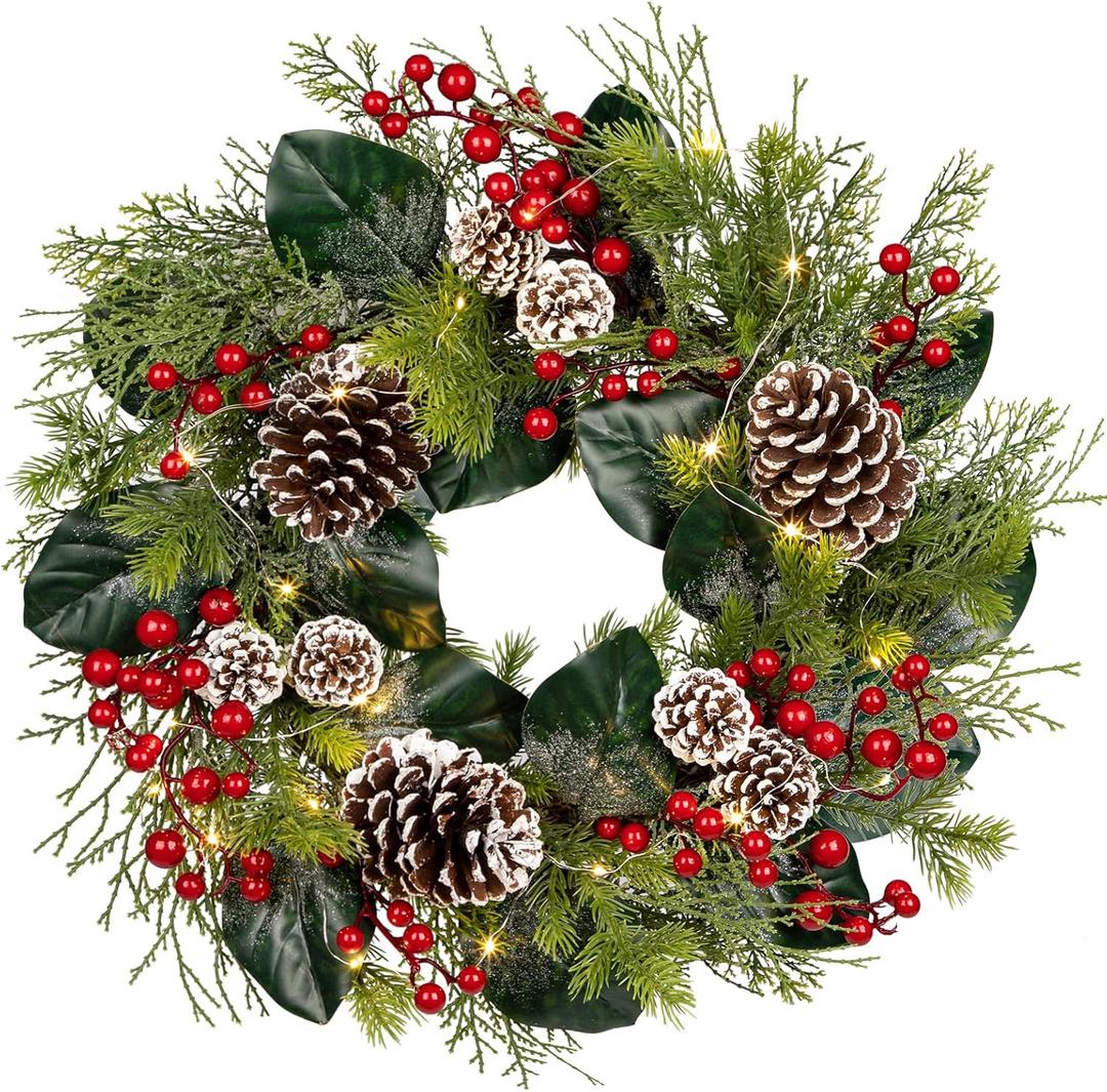 Christmas Wreath 20 Inch Outdoor Artificial Christmas Wreath with Red Berries and Flocked Pine Cones Xmas Wreath for Front Door Winter Holiday Christmas Party Decorations (20" Style#5)