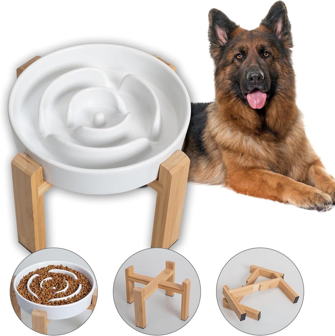 Elevated Slow Feeder Dog Bowl - Ceramic Food Dish with Bamboo Stand - Raised Maze Design - Ideal for Medium to Large Dogs - White - 8.8 inch (2.5 CUP)