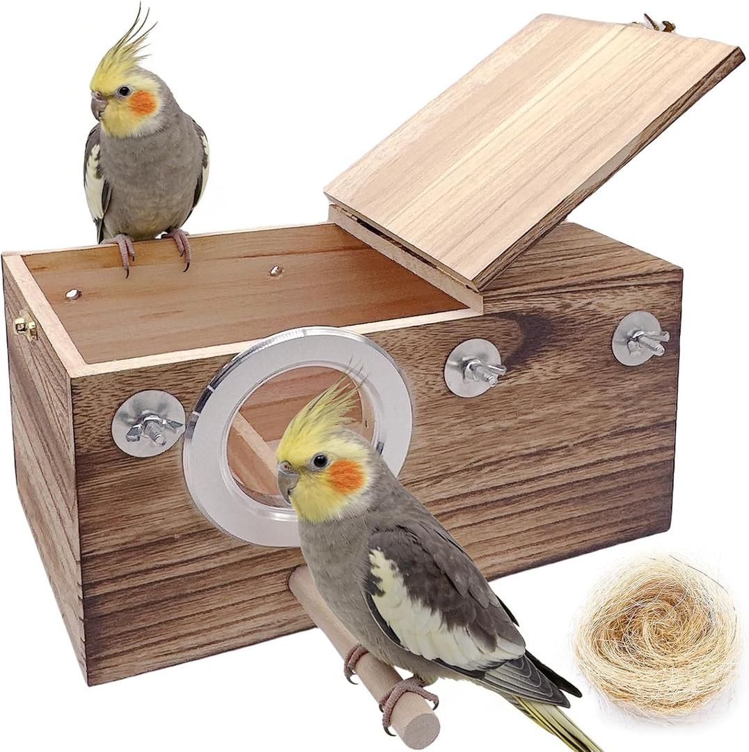 kathson Parakeet Nesting Box,Wooden Cockatiel Breeding Mating Boxes,Parrots Nest House Hut for Cage,Bird Nesting Box for Budgie,Conure,Canary,Finch and Small Medium Birds, L