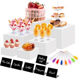 Draupnir 6 Pcs Food Risers for Display Party Included Mini Sign and Makers, 5 Sizes Hollow Acrylic Buffet Risers with Bottoms, White Catering Dessert Jewelry Collectibles Boxes(4",4",5",6",7",8")