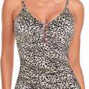 RELLECIGA Women's V Neck Tankini Top Ruched Tummy Control Swimsuits Top (X-Large, Leopard)