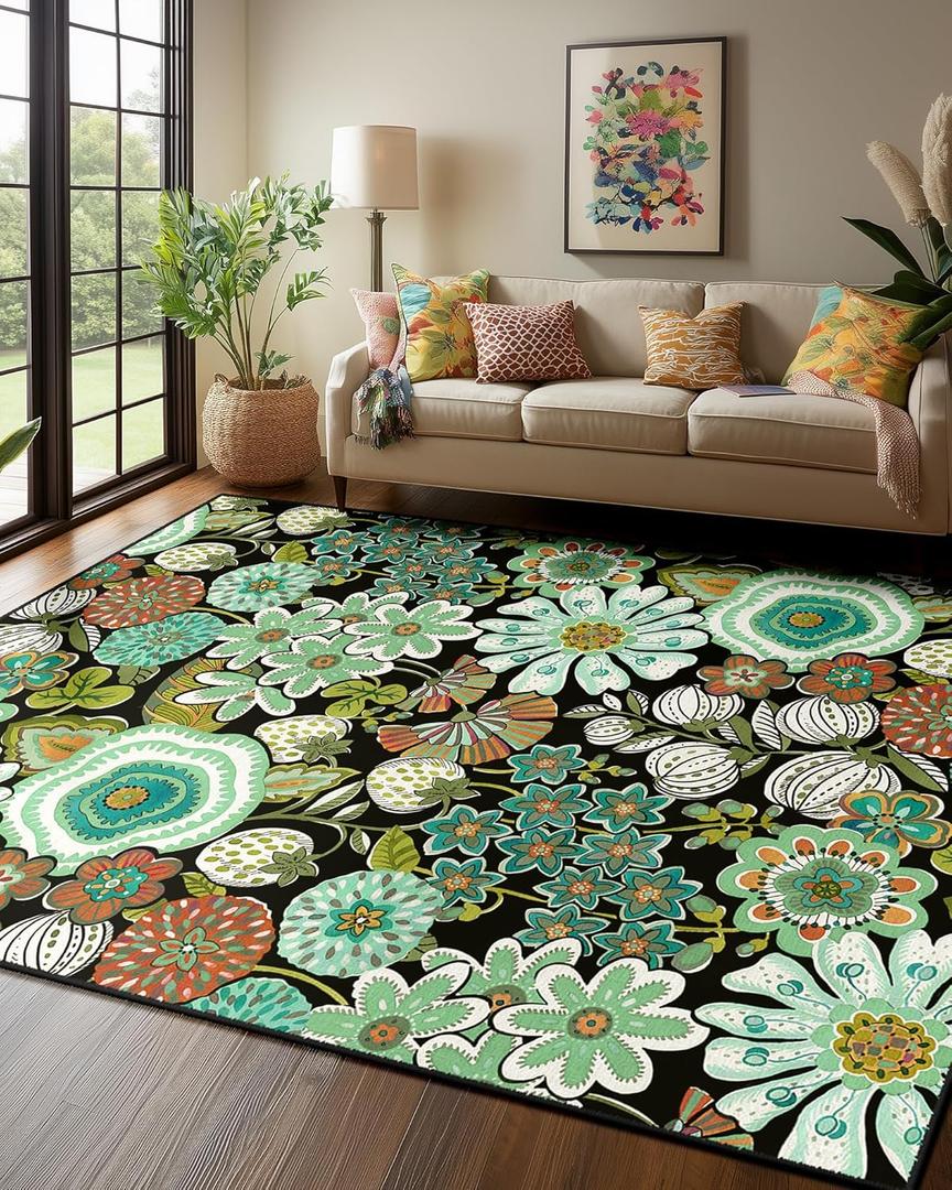 Area Rugs 8x10 Floral Rug, Washable Botanical Flower Carpet, Non Slip, Print Pattern, Low Pile Carpet for Living Room, Bedroom, Kitchen, Dining Room, Nursery, Playroom, Indoor-Green/Blue