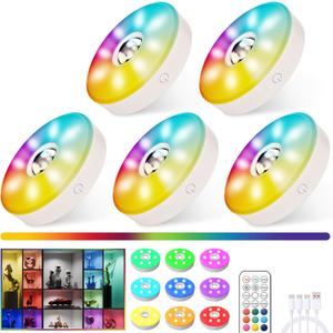 Rechargeable Puck Lights with Remote Control, 12 Color Changing Under Cabinet Lighting, Wireless RGB tv Led lights for bedroom & Closet, Dimmable Magnetic under counter lights for kitchen, Shelf,Party (White-5 PACK)