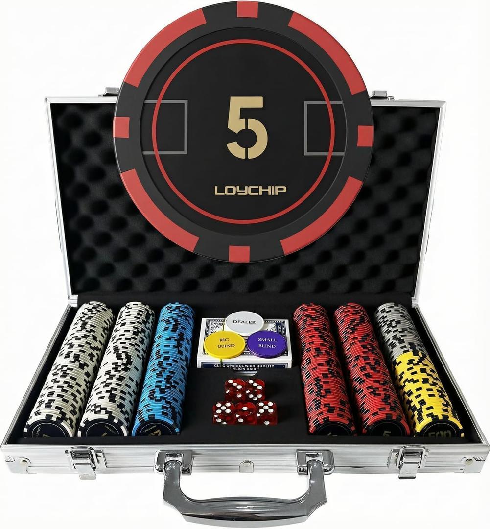 300 Piece Poker Set 11.5g Numbered Chips with Aluminum Case 2 Decks Cards Dealer Blind Buttons 5 Dice for Texas Holdem Blackjack Casino Gaming