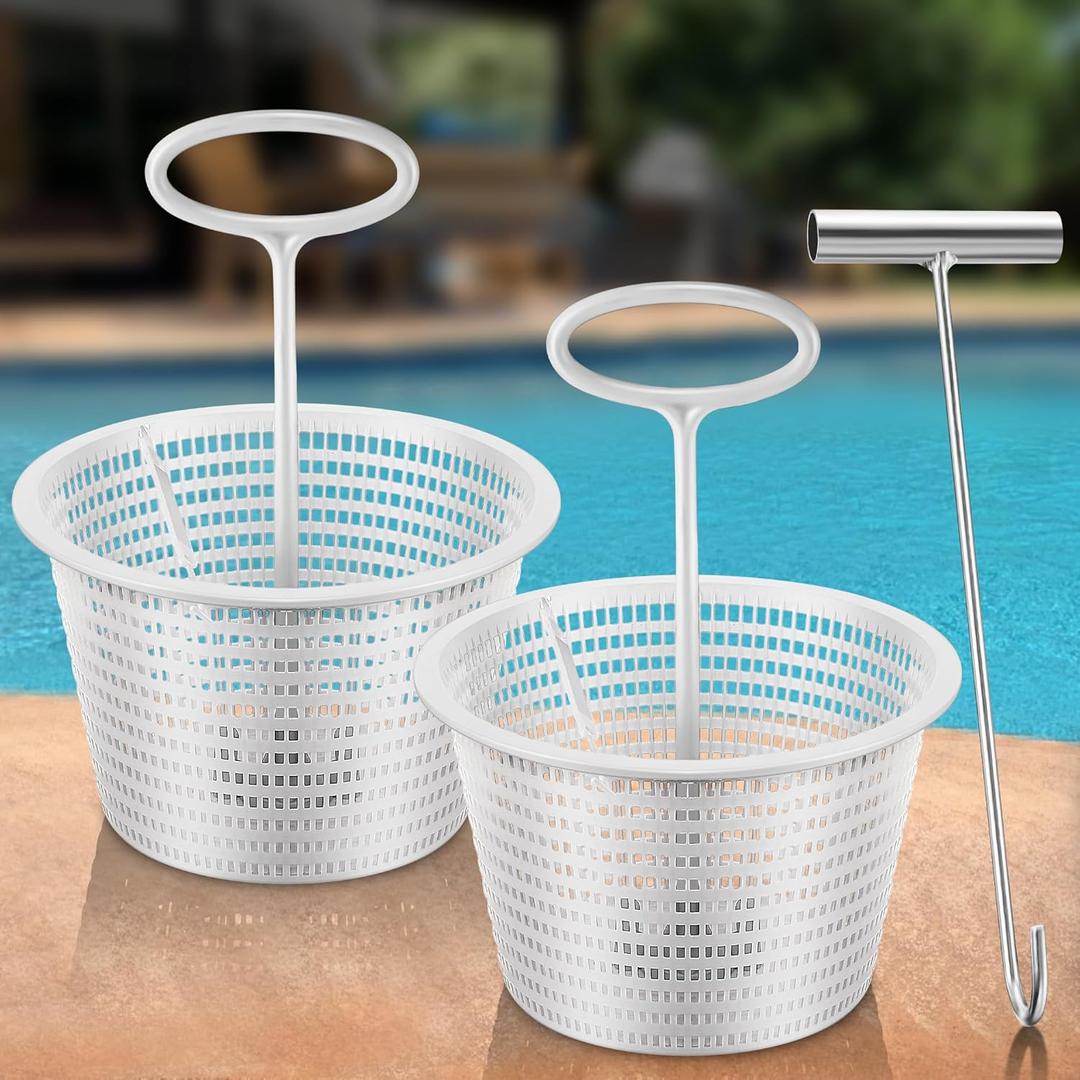 Saillong 2 8" Skimmer Replacement Basket 2 Skimmer Basket Handle 1 Silver Stainless Steel Hook, Universal Pool Skimmer Basket with Handle for Pool Debris Removal, Keep Hands Clean (White, White)