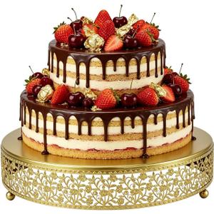 14 Inch Gold Cake Stand,Round Floral Lace Metal Display Tray