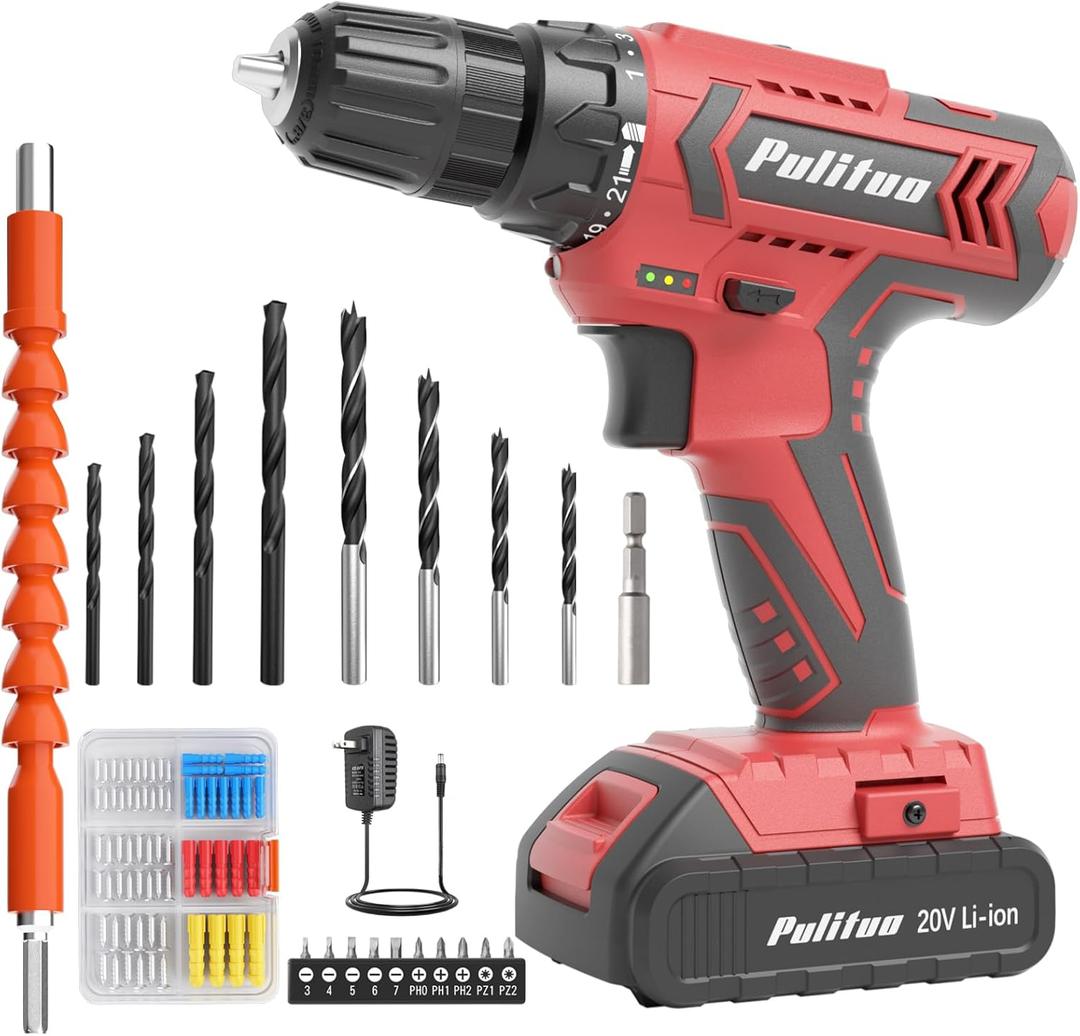 PULITUO Cordless Drill Set, 20V Electric Power Drill with Battery And Charger, 30N.m and 21+1 Torque, 2 Variable Speeds, with 59pcs Drill Driver Bits Kit, Screws Set(Red)