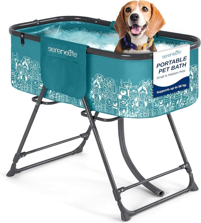 SereneLife Portable Dog Bath Tub, Built-in Drain System & 360° Access, 34" Adjustable Height, 2 Side Pockets, Foldable Design for Easy Storage, Fits Small to Medium Dogs Up to 130 lbs (Blue)