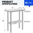 Hally Stainless Steel Table for Prep & Work 30 x 12 Inches, NSF Commercial Heavy Duty Table with Undershelf and Galvanized Legs for Restaurant, Home and Hotel