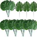 XONOR 100Pcs Artificial Monstera Leaves Fake Tropical Faux Palm Leaves with Stem for Jungle Hawaiian Dinosaur Luau Party Table Decoration Wedding Birthday Theme Party, Leaf Size: 7''x 5''
