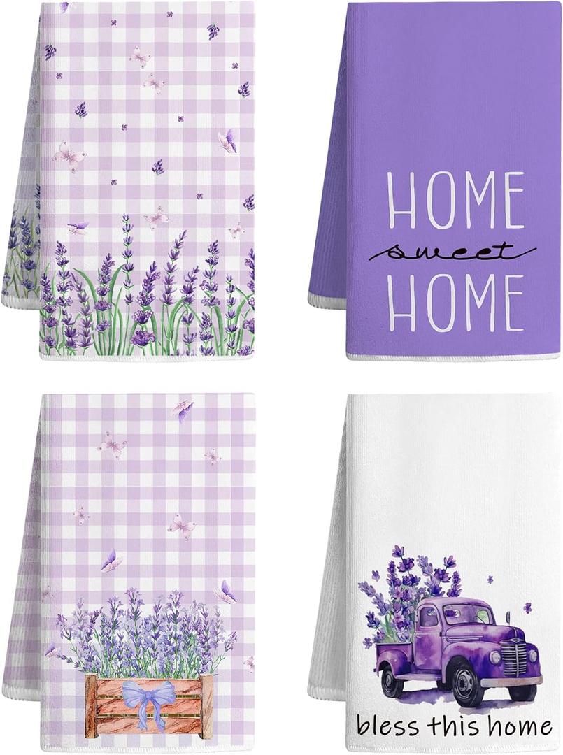 4 Pcs Lavender Spring Kitchen Towel Set Funny Housewife Farmhouse Rustic Bath Hand Towel for Holiday Bathroom Gift, 24 x 16 Inches(Purple,Lavender)