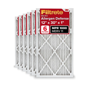 Filtrete 12x30x1 AC Furnace Air Filter, MERV 11, MPR 1000, Micro Allergen Defense, 3-Month Pleated 1-Inch Electrostatic Air Cleaning Filter, 6 Pack (Actual Size 11.81x29.81x0.81 in) Filtrete 12x30x1 AC Furnace Air Filter, MERV 11, MPR 1000, Micro Allergen Defense, 3-Month Pleated 1-Inch Electrostatic Air Cleaning Filter, 6 Pack (Actual Size 11.81x29.81x0.81 in)