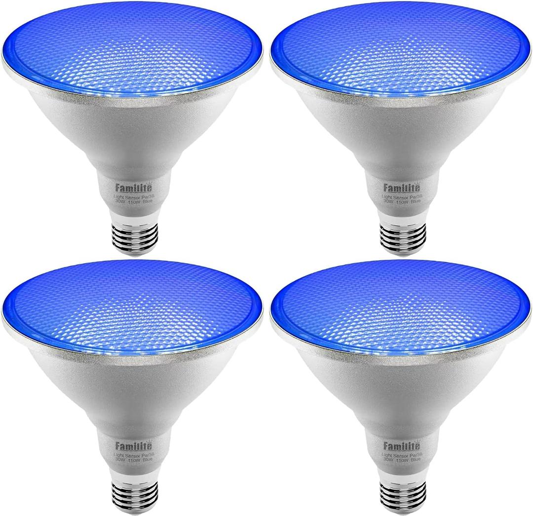 Familite Blue Dusk to Dawn PAR38 LED Flood Light Bulbs with Auto On/Off Light Sensor for Porch Security or Landscape Lighting, Halloween, Christmas, Party, 30W = 100W, IP65 Waterproof, Pack of 4