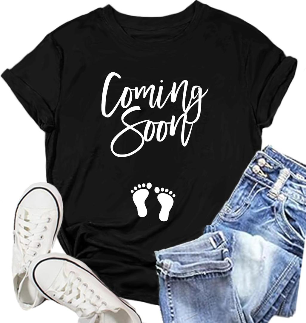 Pregnancy Reveal Shirts for Women New Baby Announcement Tshirt Mom to Be Tee Tops (Black, M)
