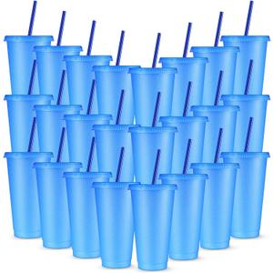 Amyhill 24 Pcs Reusable Cups with Lids and Straws 24 oz Glitter Iced Coffee Tumbler Plastic Travel Mug Cup for Smoothie Juices Birthday Sleepover Party Supplies for Girls(Blue)