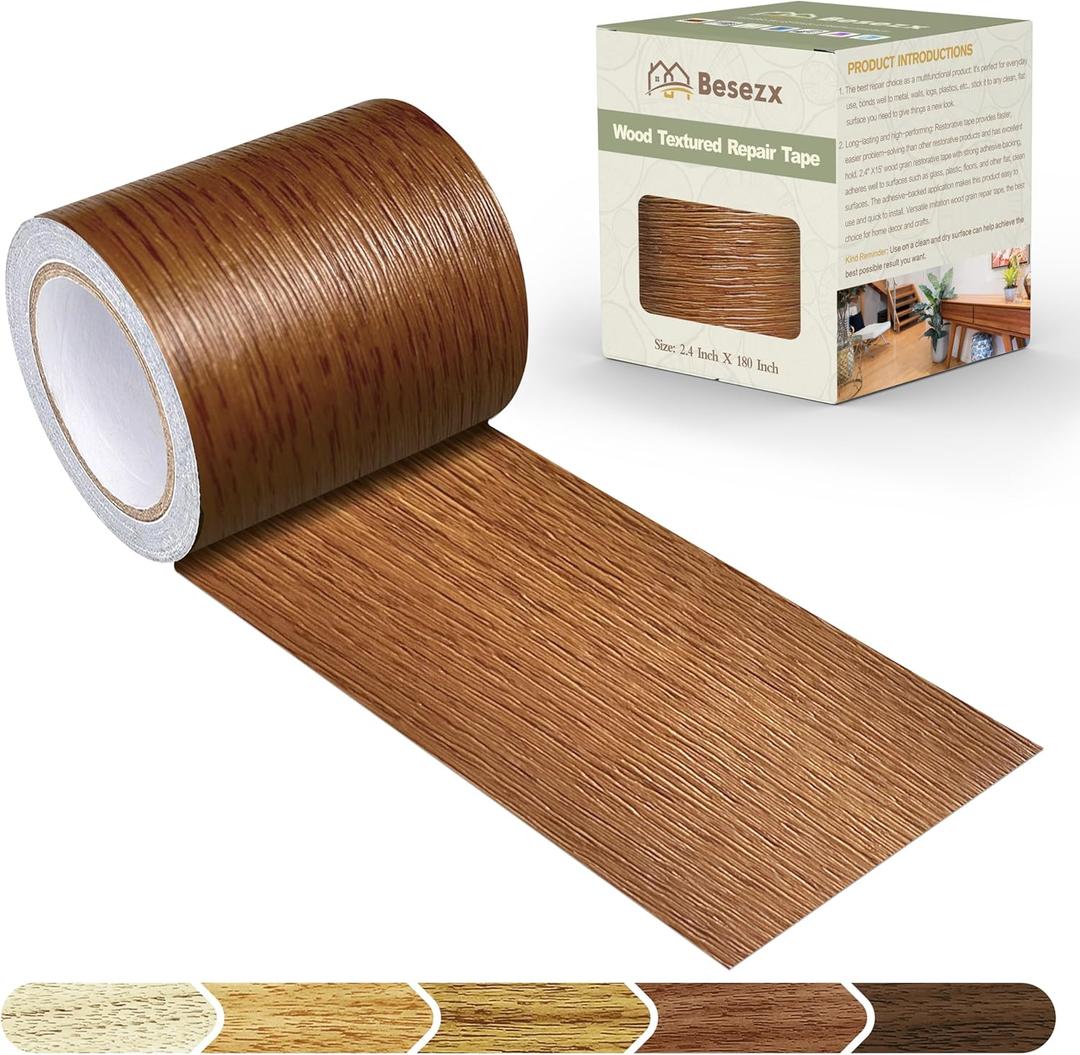 Besezx Wood Grain Tape, 2.4" X15', Self Adhesive Wood Grain Repair Patch for Tables, Chairs, DIY,Baseboards, Doors, Windows, Floors and Furniture Renovation.Raw Wood Grain