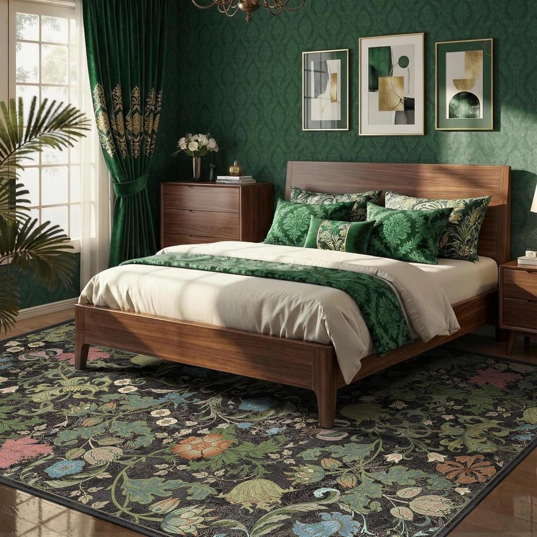 Washable Floral Area Rug 6x9 for Bedroom, Vintage Farmhouse Botanical Rug, Non Slip Low Pile Thin Floor Carpet Large Area Rug, Soft Decorative Rug for Living Room Dining Room Home Office Black Green