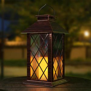Outdoor Solar Lanterns, Waterproof Hanging Lantern with LED Flickering Flameless Candle, 13'' Bronze Outdoor Solar Powered Lantern Decor for Porch Patio Garden Balcony Pathway, 1 Pack, Bronze