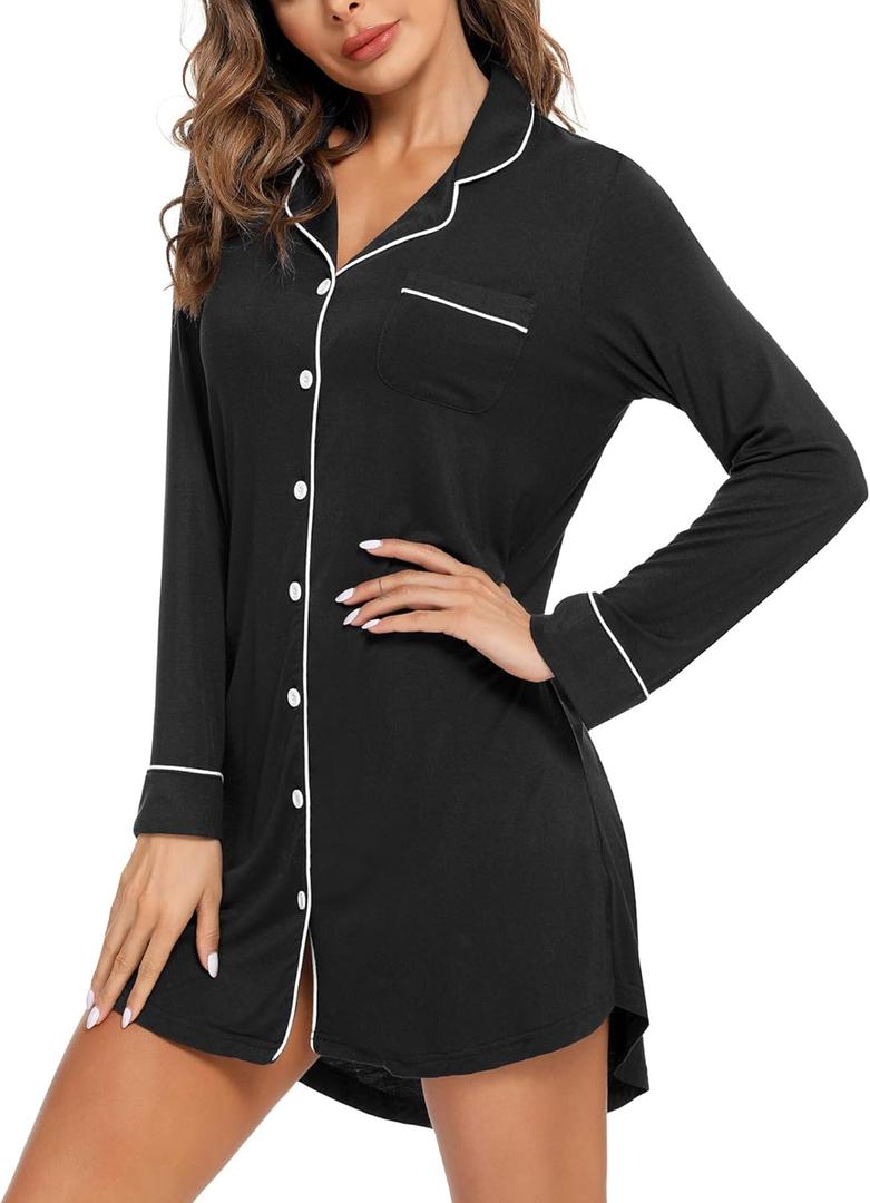 Samring Pajama Nightgown for Women Short/Long Sleeve Button Down Nightwear Top Boyfriend Sleep Shirts Nightdress S-XXL (XX-Large, Long Sleeve-black)