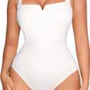 Square Neck Bodysuit for Women Short Sleeve Tummy Control Slimming Bodysuit Going Out Tank Tops, Medium