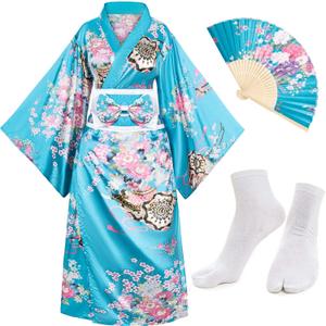 Japanese Anime Women's Kimono Robe Geisha Yukata Sweet Dress Blossom Satin Bathrobe Sleepwear Fans Tabi Socks Set (Light Blue)