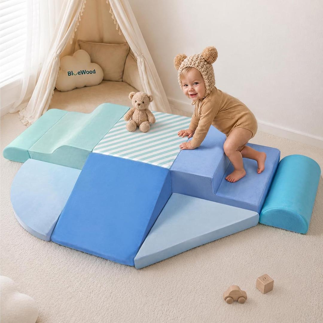 BlueWood Baby Foam Climbing Blocks, 7-Piece Soft Play Set for Crawling, 63 x 31.5 x 7.9 inches