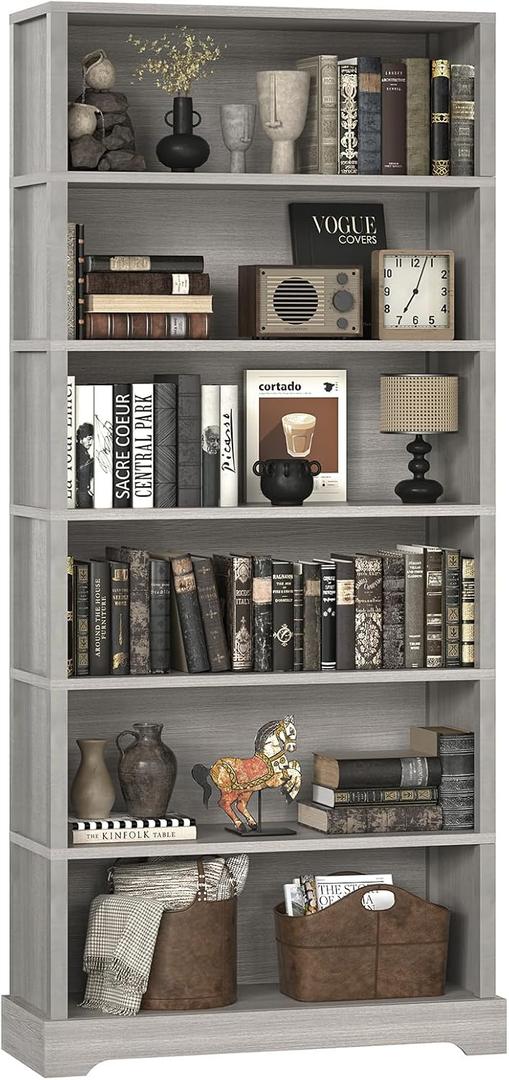 TVU 6 Tiers Wooden Bookshelf, 77.2" Tall Farmhouse Style Open Bookcase, 31.5" Wide Standing Book Shelf with Storage for Study Room, Living Room, Gray, 10.6" D x 31.5" W x 77.2" H