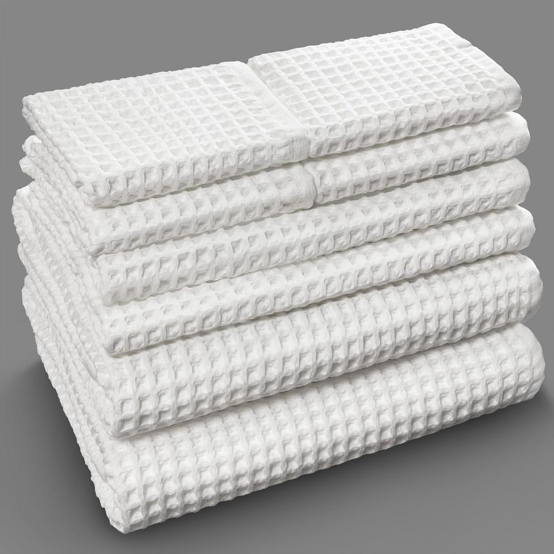 Softerry European Waffle Weave Bath Towel Set of 8-100% Organic Cotton - Quick Dry Lint Free Thin and Absorbent - Fade Resistant - Eco-Friendly (White)