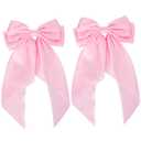 Pink Satin Oversized Hair Bows with Long Tails - Metal Barrettes, Silky Ribbon Aesthetic Hair Accessories for Women and Girls