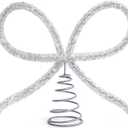 Christmas Decorations - Christmas Decor - Silver Glass Rhinestone Bow Tree Topper - Xmas Holiday Tree Top Decoration for Indoor Outdoor Home Room Party