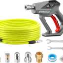 M MINGLE Sewer Jetter Kit for Pressure Washer 50 FT, Drain Cleaner Hose with Power Washer Gun, 1/4 Inch NPT Corner Rotating and Button Nose Sewer Jetting Nozzle, Orifice 4.0, 4.5 (Yellow)