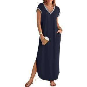 MEROKEETY Women's 2025 Spring Summer Maxi Dress Casual V Neck Split Beach Vacation Loose Long Dresses (Blue, S)