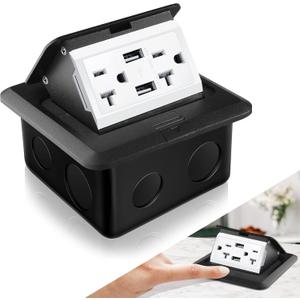 Hoolerry 1 Pack Pop up Floor Electrical Outlet Cover Box Kit with 4.8A USB Charger 20Amp Waterproof Weatherproof Floor Tamper Resistant Outlet Receptacle for Countertop Home (Black)
