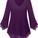 Furnex Blouses for Women Dressy Casual 3/4 Ruffle Sleeve V Neck Chiffon Double Layers Business Casual Tops for Women (Large, Deep Purple)