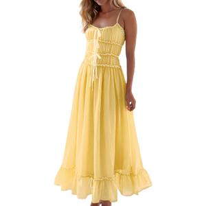 Women Summer Maxi Dress Spaghetti Strap Y2k Cute Ruffle Tiered Wedding Guest Flowy Dress Vacation Cruise Resort Outfit (Medium, Yellow)