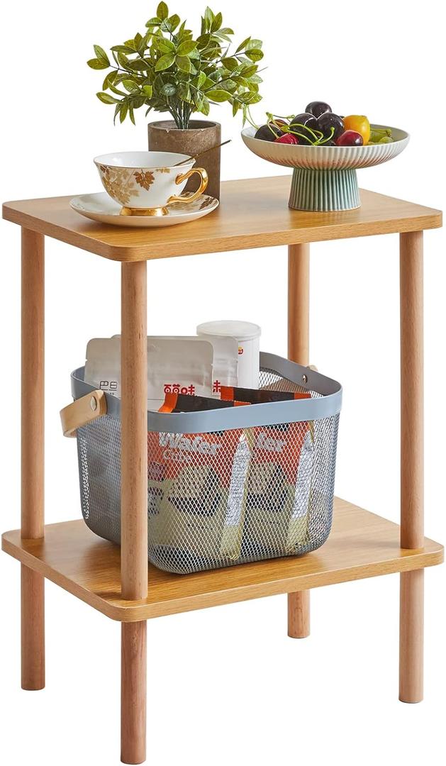 IBUYKE 2-Tier Side Table, Solid Wood Tall End Table with Storage Shelves, Nightstand Bedside Table for Living Room Bedroom Office, No-Tool Assembly, Natural UWST002N (11.42" x 15.35" x 20.86")