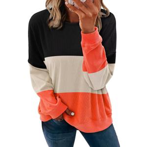 KISSMODA Women's Casual Long Sleeve Sweatshirt Color Block/Solid Crewneck Corduroy Pullover Cute Tops (M)