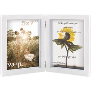 5x7 Picture Frames Double Hinged MDF Wood White Shadow Box with Glass Front Stand Vertical on Tabletop
