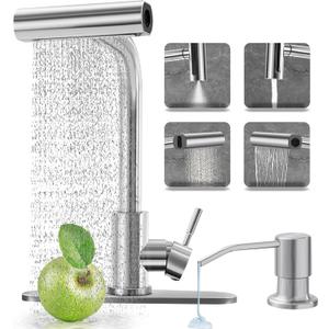 Kitchen Faucets with 4 Modes Pull Down Sprayer, Brushed Nickel Kitchen Sink Faucet with Soap Dispenser, Stainless Steel Modern Waterfall Faucet for Kitchen Sink, Bar, Laundry, Rv