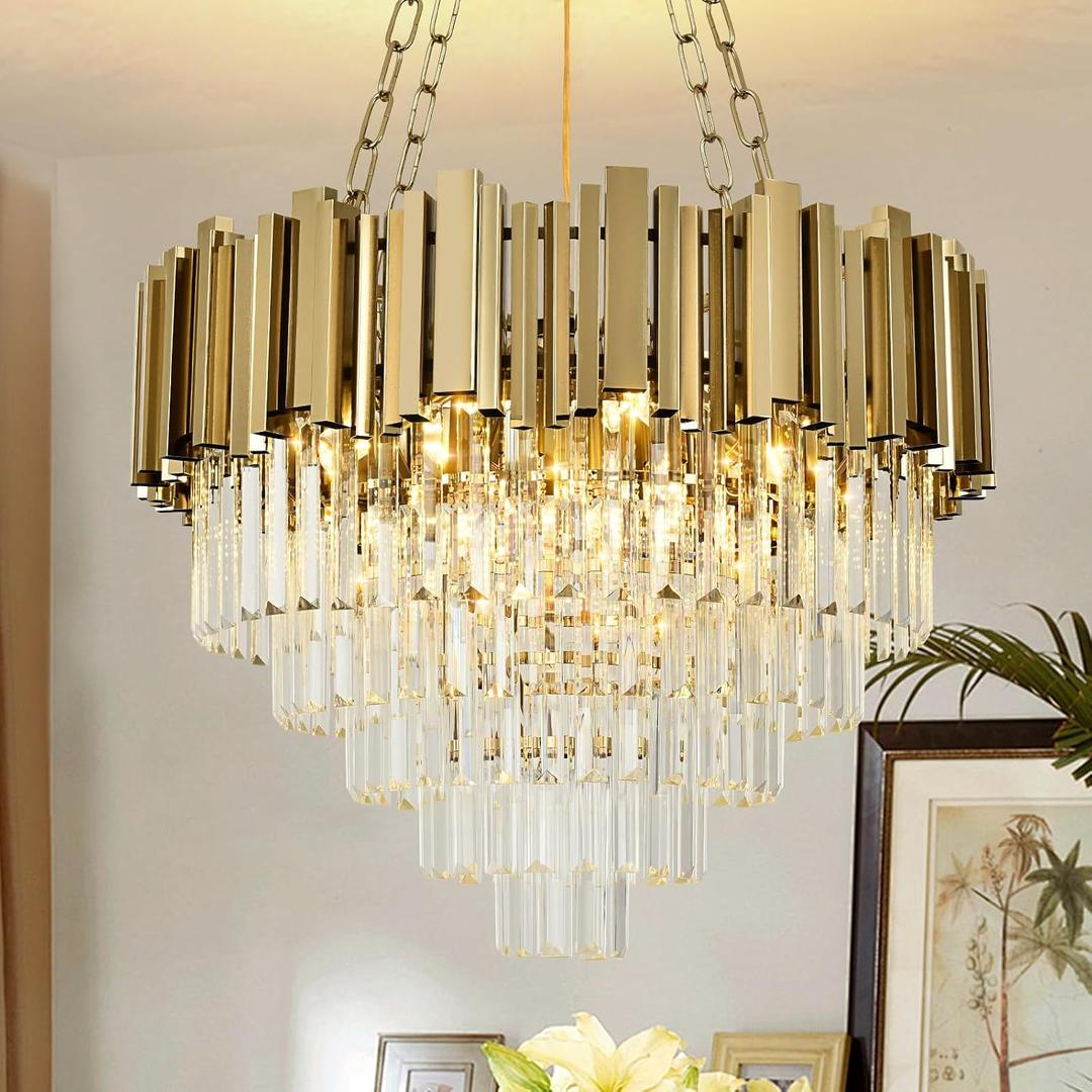 Modern Crystal Chandelier Gold Pendant Light Fixtures, Round Crystal Pendant Lighting for Dining Room, Living Room, Bedroom, Restaurant, E12 x 8, 22inch