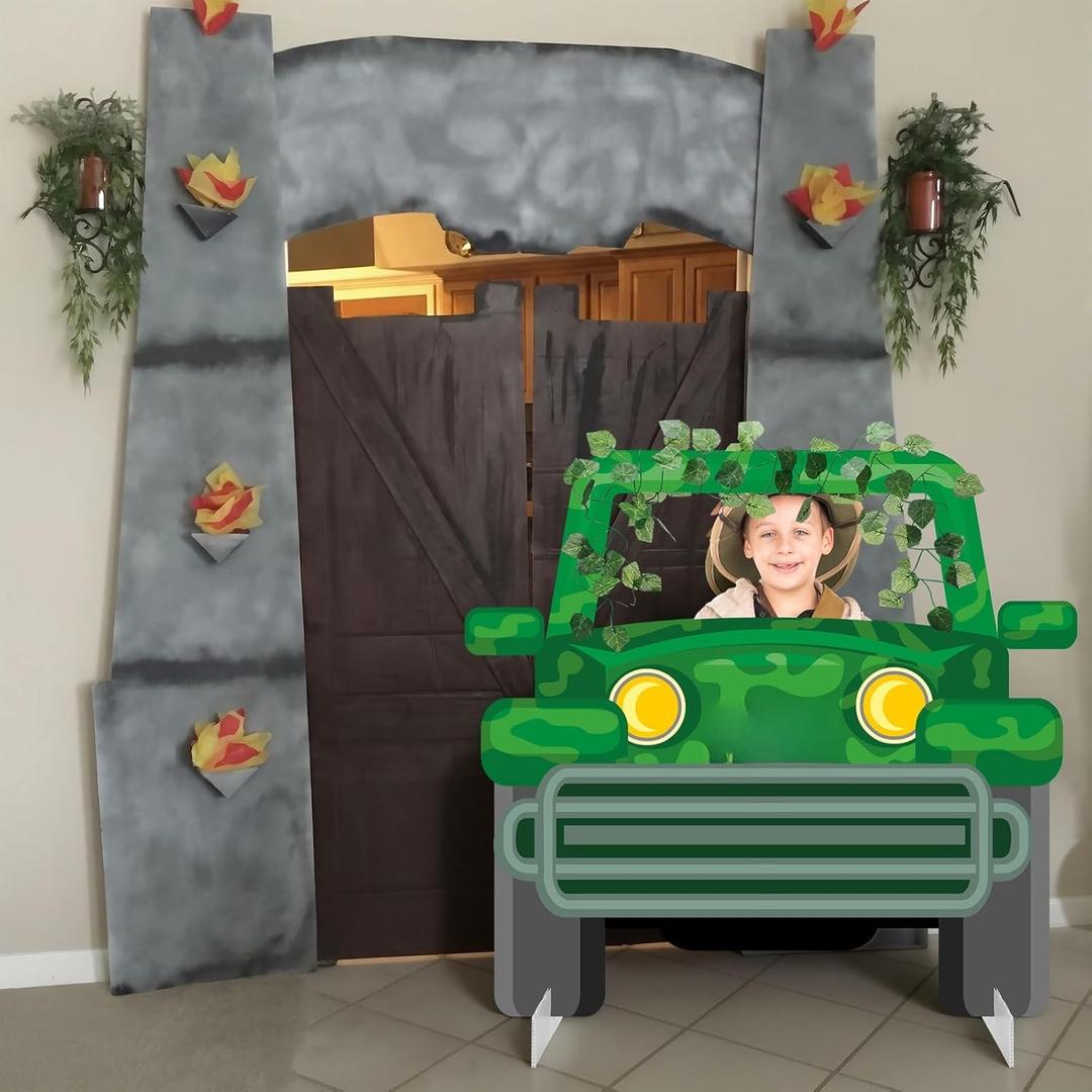 Novabright Safari Party Photo Prop Set Safari Truck Photo Frame with Artificial Jungle Rattan Garland, Tyranosaurus Rex Dinosaur Birthday Decorations Adventure Off-Road Vehicle Baby Shower Backdrop