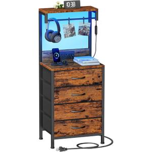 Furnulem Night Stand with Charger Station, 38'' Tall Nightstand with 4 Fabric Drawers and LED Lights, Bedside Table with Storage Shelf for Bedroom, Office, Metal Frame, Wood Shelves, Rustic Brown