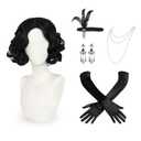 Cute Halloween Party Cosplay Synthetic Wig, 2 Hair Caps + Black Flapper Wig, 1920S Women False Hair, 30S Vintage Rockabilly Short Curly Hairpiece for Party for Women and Teen Girls