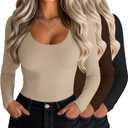 Riyiper 3 Pack Women's Scoop Neck Tops Long Sleeve Slim Fitted Shirts Casual Basic Tunic Fall Trendy Y2k Tight Tees (Apricot, Brown, Black), Small