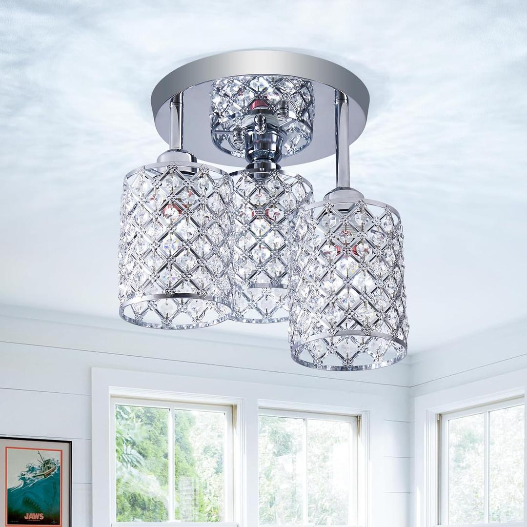 HOPGGIE Crystal Semi Flush Mount Ceiling Light with 3-Light, Kitchen Crystal Chandelier with Lampshades,Modern Corridor Lighting for Bedrooms Dining Room Living Room and Bathrooms (Modern Chrome)