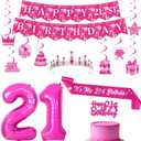 21st Birthday Decorations for Her, Hot Pink Happy 21st Birthday Banner Hanging Swirls Tiara Sash Cake Topper Foil Balloon for Women Girl 21 Year Old Party Supplies