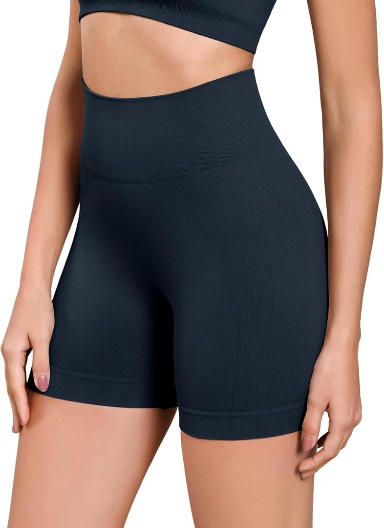 ODODOS Seamless Biker Shorts for Women 5" Inseam Ribbed High Waisted Running Yoga Shorts, Lycra Deep Blue, Medium